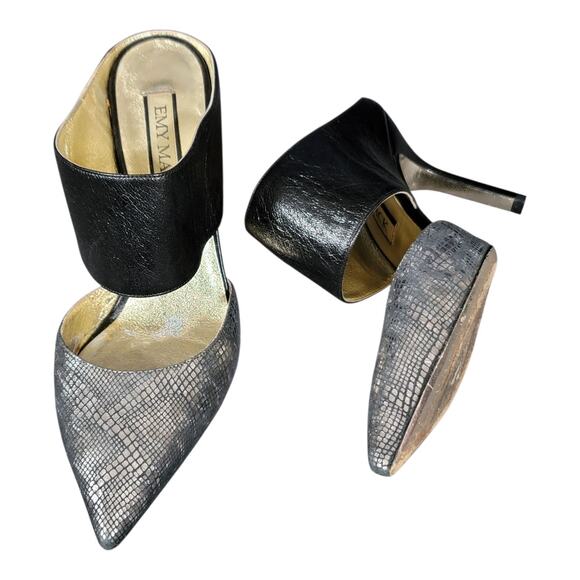 Emy Mack Elsa Black & Silver Printed Calf Pointed‎ Toe Heels Leather Size 7B - Picture 6 of 15